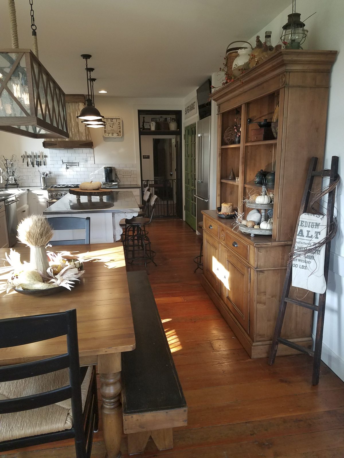 Kitchen with antique pine hutch and dining bench